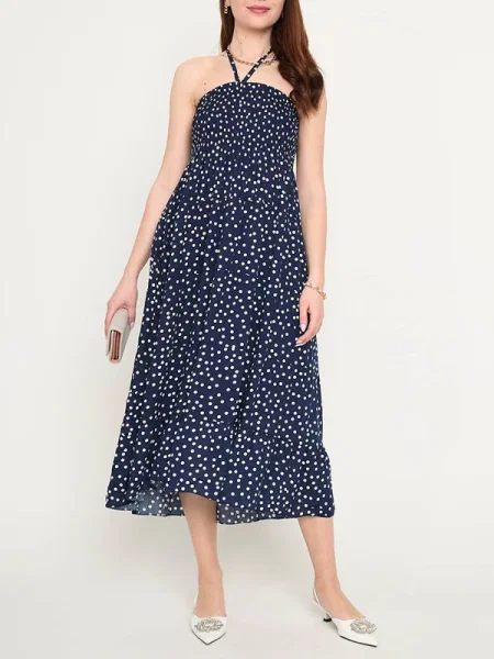 Rochie midi Resti cu buline până la genunchi de costum albastru