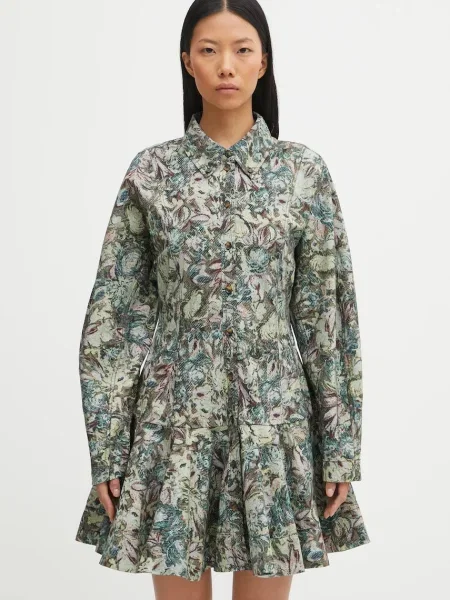 GANNI sukienka Printed Stretch Cotton Buttoned Mini mini rozkloszowana zielony