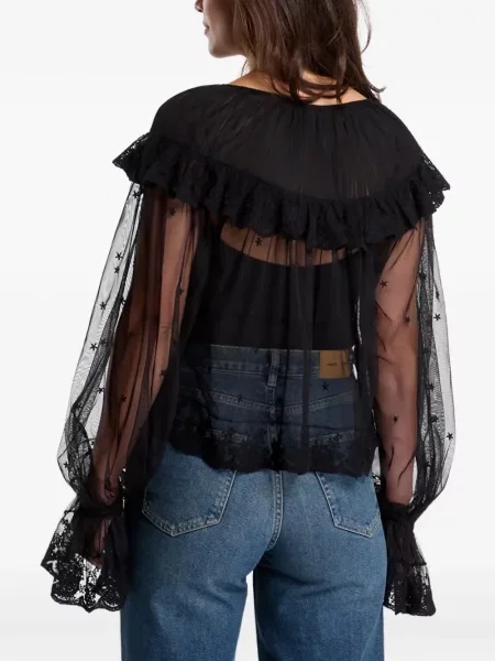 Bluză Allsaints cu volane din dantelă negru