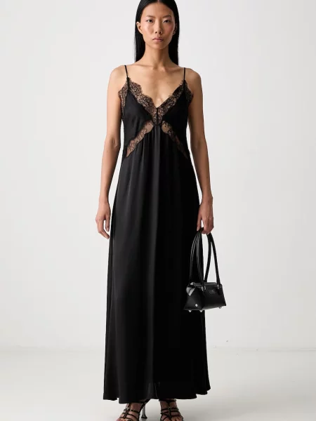 Anine Bing MAGNOLIA φόρεμα lingerie με δαντελένιες λεπτομέρειες με μετάξι μαύρο