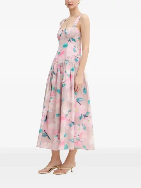 Rochie midi Bardot cu model floral cu imagine roz
