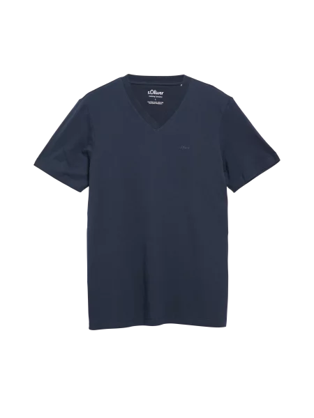 T-shirt z dekoltem w serek i nadrukowanym logo niebieska