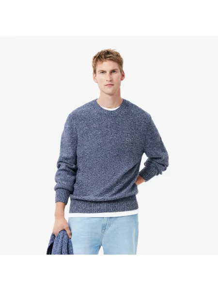 Lacoste Sweter Z Okrągłym Dekoltem Z Merceryzowanej Wełny Karbowanej granatowy