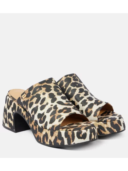 Papuci tip mules Ganni din satin cu platformă cu imagine maro