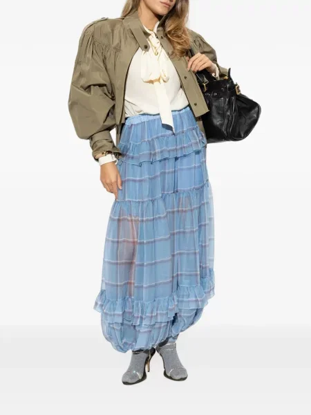Pantaloni Chloé de mătase cu volane albastru