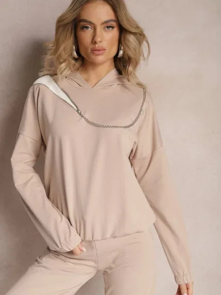 Asymetryczna Bluza z Bawełny z Kapturem i Ozdobnym Suwakiem Lueur beżowa