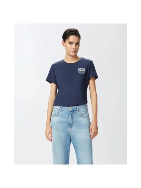 Koszulka polo Pinko z krótkim rękawem z kryształkami niebieska