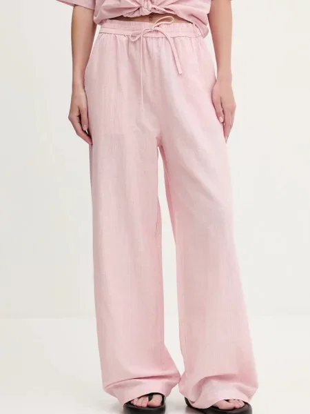 Tommy Jeans pantaloni din amestec de in femei lat high waist roz