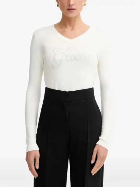 Pulover Guess cu decolteu în V alb