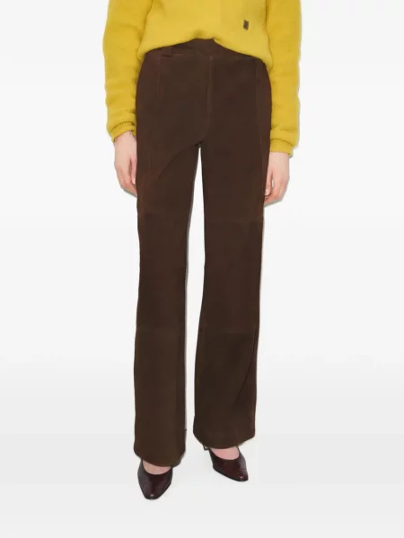 Pantaloni Tory Burch din piele de căprioară maro