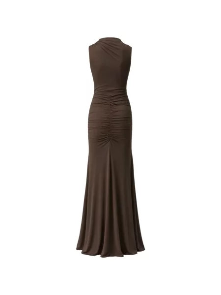 Rochie maxi Ow Collection fără mâneci cu volane maro
