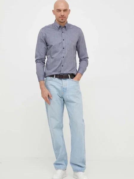 Риза BOSS ORANGE мъжка тъмносиньо със стандартна кройка с италианска яка синьо