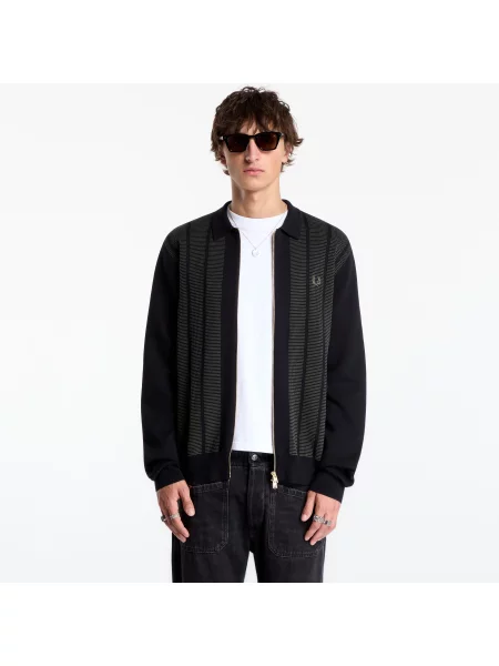 Pulover FRED PERRY Textured Panel Zip Cardigan Black L negru