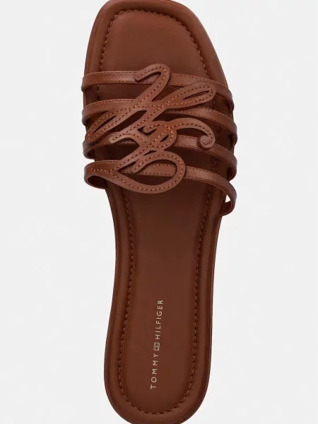 Tommy Hilfiger чехли обувки с открити пръсти дамски от кожа TH SCRIPT FLAT MULE LTH кафяво