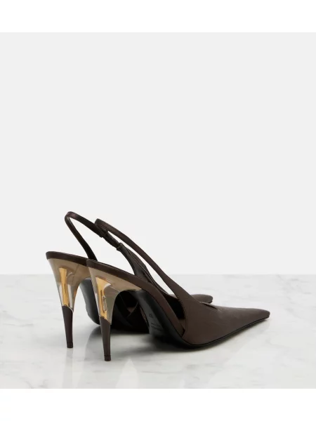 Pantofi cu toc Saint Laurent din satin slingback maro