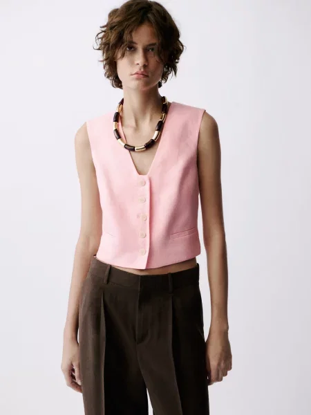 Лляний Жилет класичний MANGO світло-рожевий рожевий