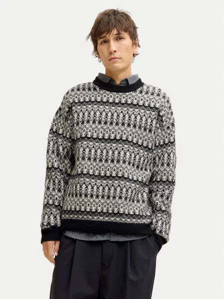 Jack & Jones Premium Pulover JPRBLUMAX FAIRISLE siva crna