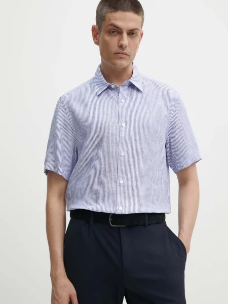 Ленена риза Theory със свободна кройка с класическа яка синьо