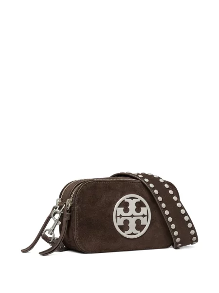 Τσάντα χιαστί Tory Burch σουέτ με καρφιά καφέ