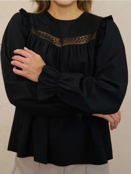 Блузка з воланами та мереживною вставкою чорний