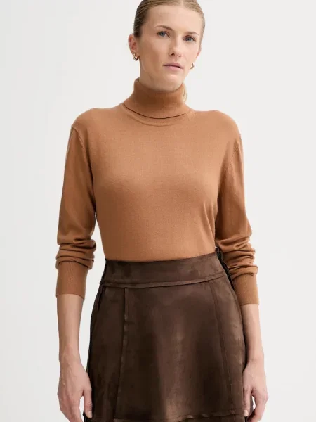 Calvin Klein sweter z dodatkiem wełny lekki z golfem brązowy