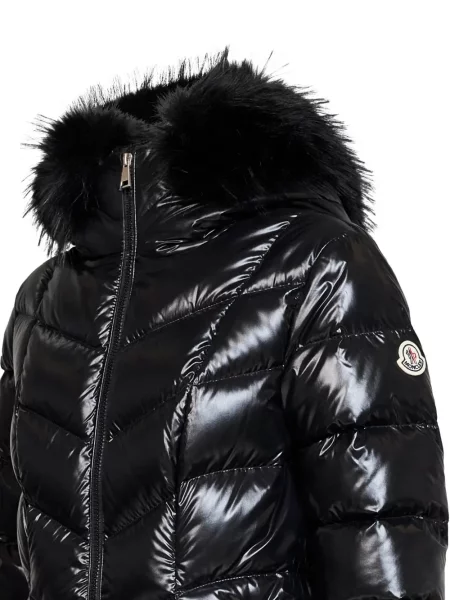 Кожена тапицерия кожух Moncler с качулка с козина черно