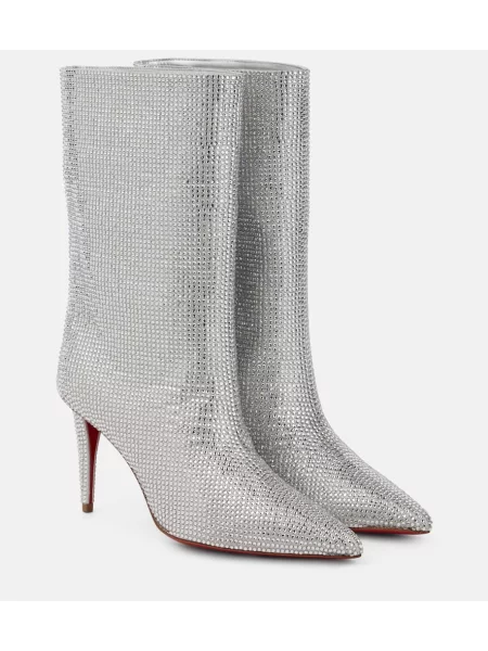 Cizme scurte Christian Louboutin din piele de căprioară argintiu