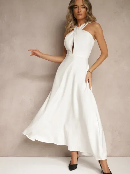 Koktajlowa Sukienka z Wiskozą i Dekoltem Halter Dolmanna biała