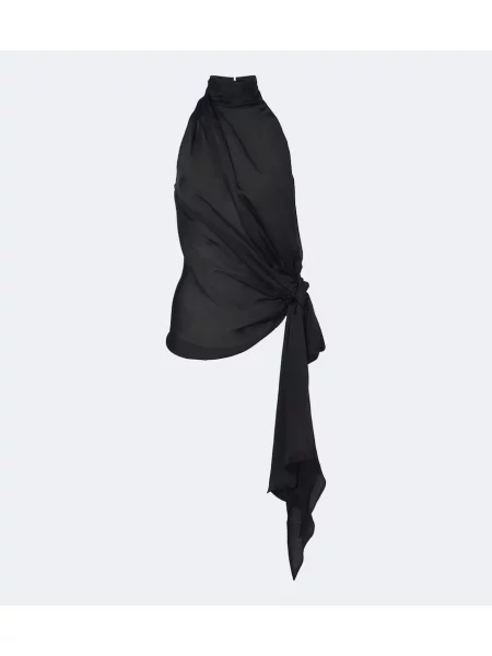 Top Balmain cu funde din satin cu gât halter negru