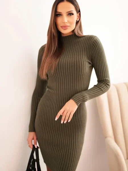 Sukienka Kesi Włoski ze stójką z długim rękawem prążkowana khaki