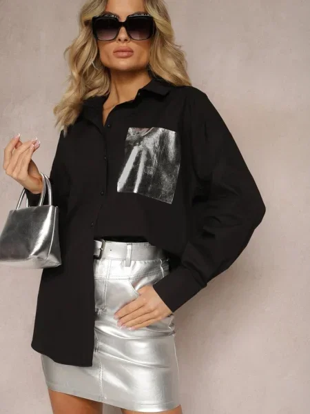 Cămașă din cu imitație de cu finisaj metalic Hecilla neagră