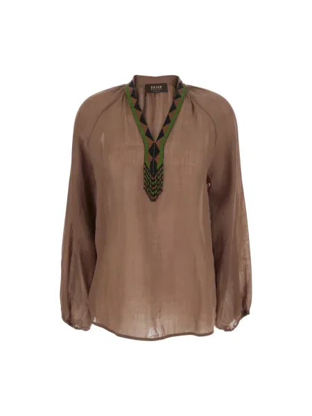 Bluzka Bazar Deluxe z dekoltem w serek z koralikami brązowa