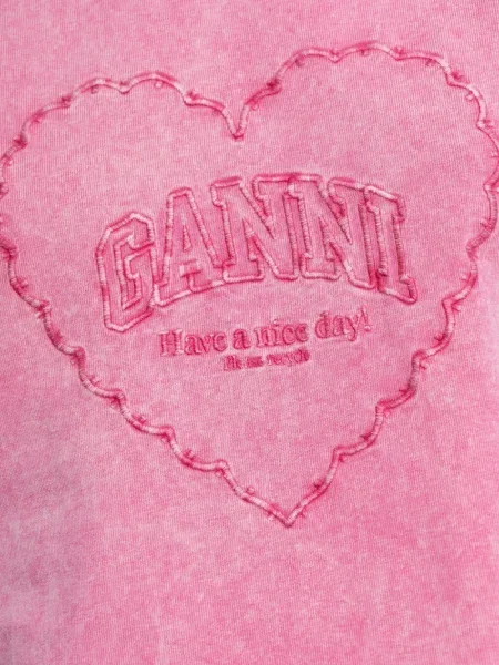 Tricou Ganni cu broderie cu motiv cu inimi roz
