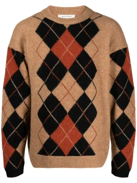 Pulover Maison Kitsune cu model argyle cu decolteu rotund maro