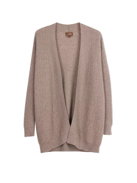 GOBI Cashmere Geacă tricotată Ajour Knit Open-Front Cashmere Cardigan taupe gri