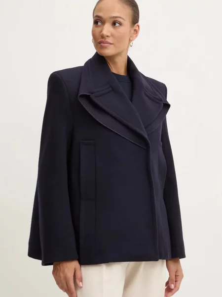 Victoria Beckham palton de lana marin de tranzitie cu doua randuri de albastru