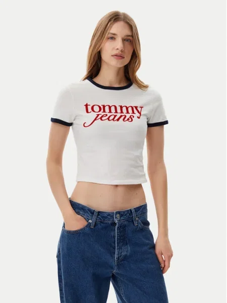 Tommy Jeans Tričko Script Ringer Écru