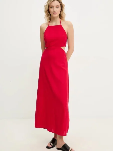 Answear Lab sukienka z domieszką lnu maxi prosta czerwony