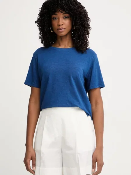Weekend Max Mara t-shirt z lnem PELOTA niebieska