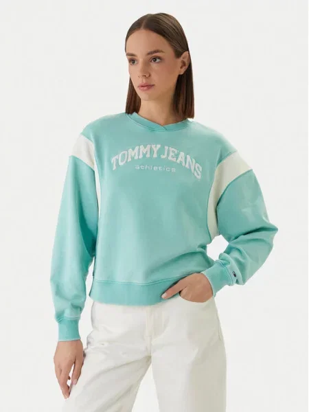 Tommy Jeans Megztinis be užsegimo VARSITY šviesiai / balta žalia