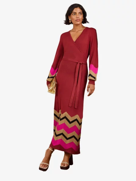Love & roses Rochie tricotat maro cămilă / roz zmeură / roșu ruginiu negru