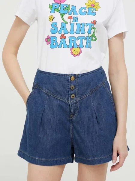 Дънкови къси панталони Pepe Jeans Stella с изчистен дизайн с висока талия тъмносиньо