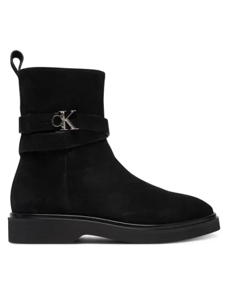 Велурени боти Calvin Klein ANKLE BOOT W/ METAL LOGO SUE с равна подметка черно