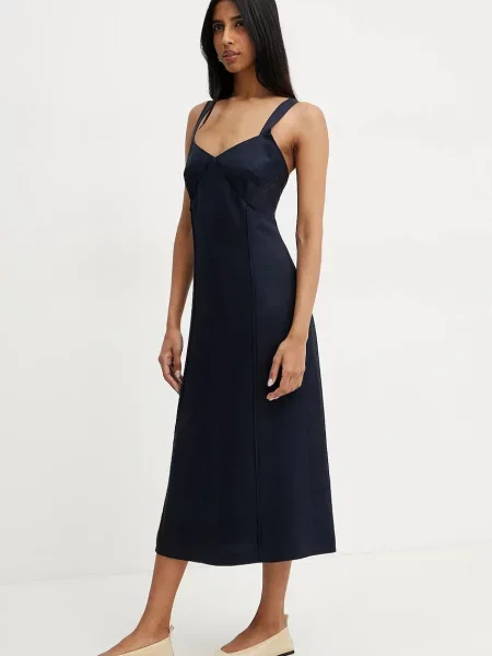 BOSS sukienka z domieszką lnu mini rozkloszowana granatowy