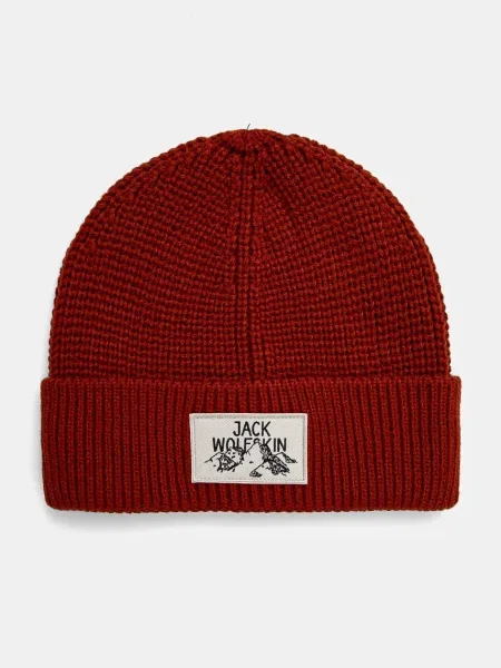 Шапка Jack Wolfskin кафяво от плътен трикотаж червено