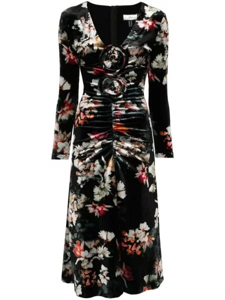 Rochie midi Nissa cu model floral cu imagine până la genunchi negru