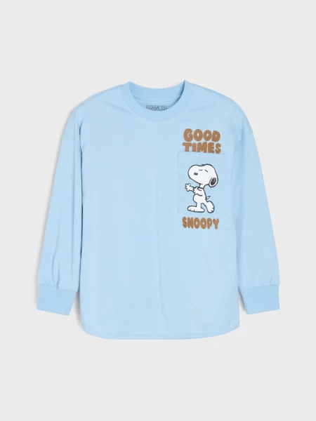 Sinsay loose tričko s dlouhým rukávem v proužcích Peanuts modrá