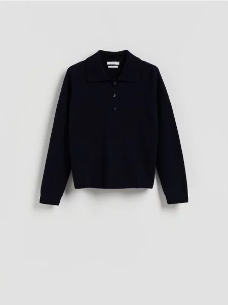 Reserved Wełniany sweter polo granatowy