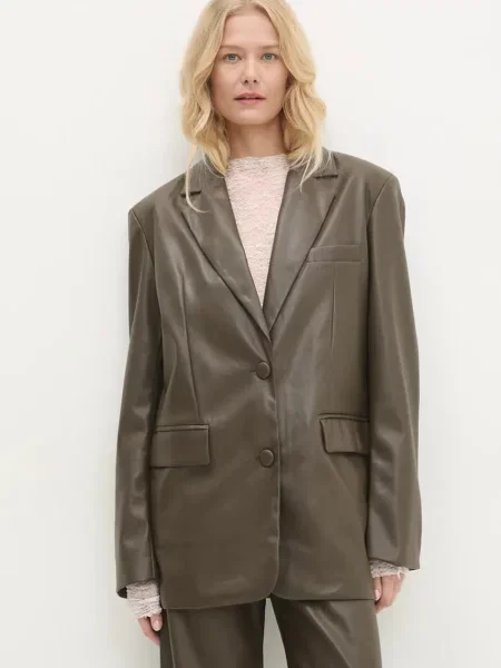 Сако Answear Lab с едно копче с изчистен дизайн зелено