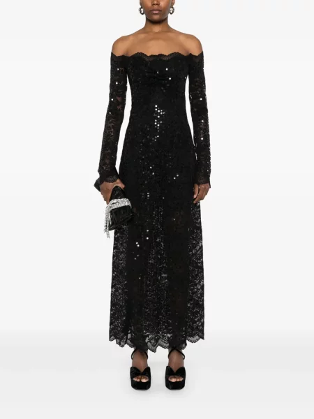 Rochie maxi Rabanne cu broderie din dantelă de costum negru